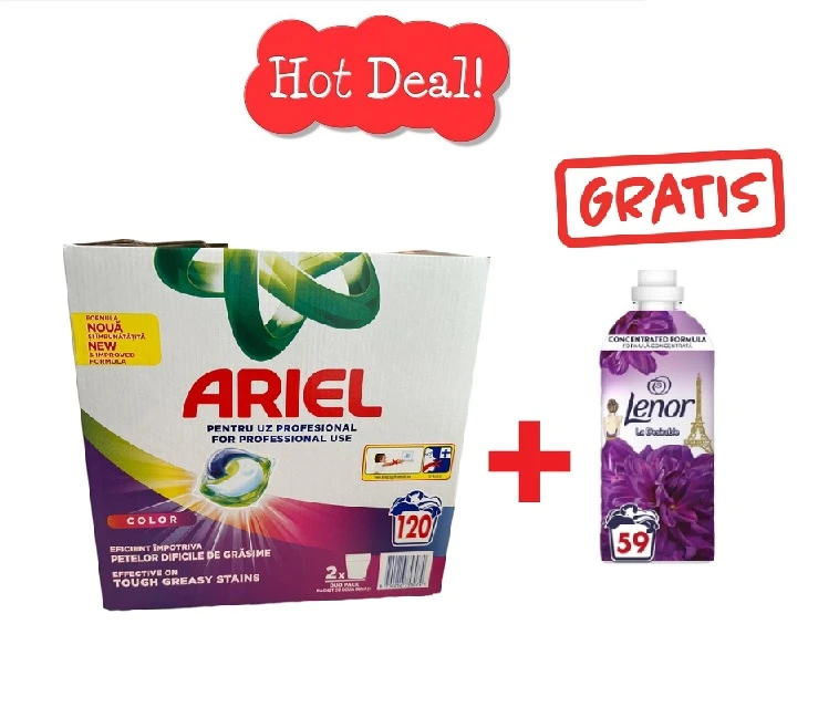 Pachet promo Ariel Color 2 x 60buc + GRATUIT Balsam  Lenor La Desirable 59 spalari 1239ml